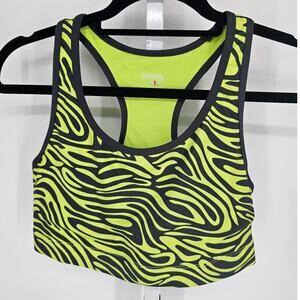 Danskin Now Womens Sz L Sports Bra Neon Green and Black Zebra Animal Print